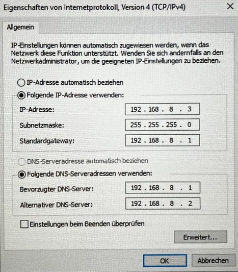 Netzwerkkarte Nummer 1 wird konfiguriert